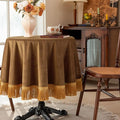 F-CHU Luxury Camel Tablecloth Thickset Velvet Tablecloth with Beautiful Gold Tassels Vintage Table Cloth for Home Decor Wedding, Party, Banquet and Events 48" Round