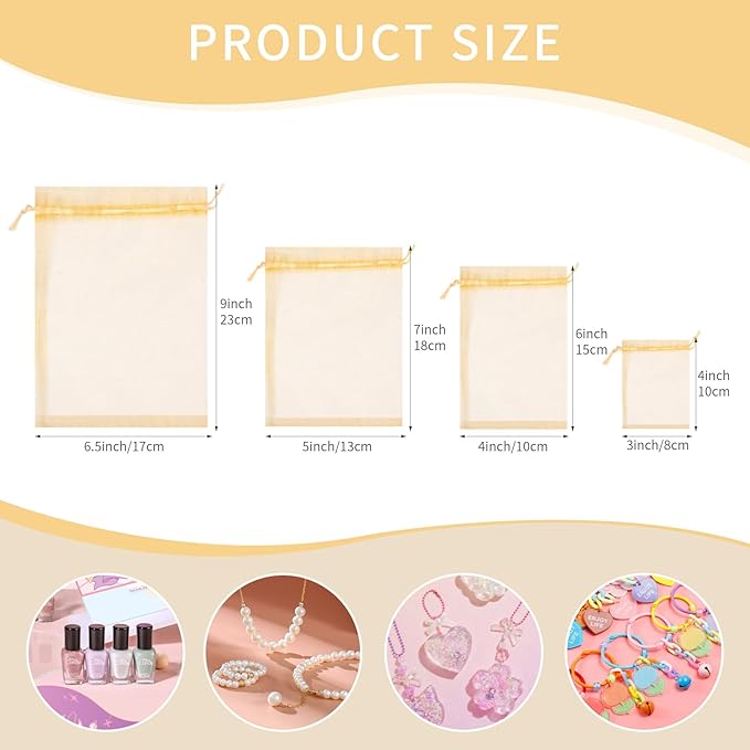 Organza Bags 3x4 Inch 50 Packs Small Mesh Gift Bags Drawstring Sachet Bags for Party Favor Wedding Baby Shower(Gold)