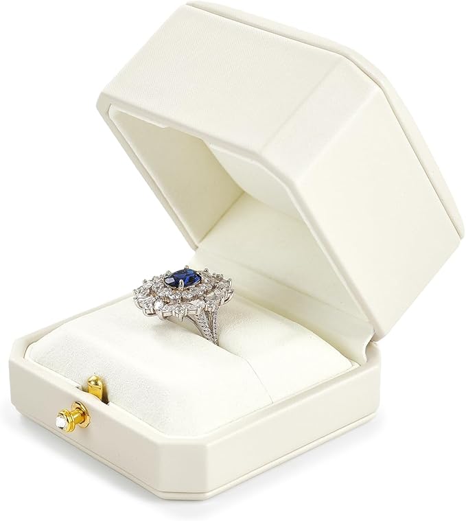 Oirlv Luxury Leather Ring Box for Jewelry Gift Octagon Women Ring Holder for Wedding Day, Proposal, Engagement, Anniversary(White,Single)