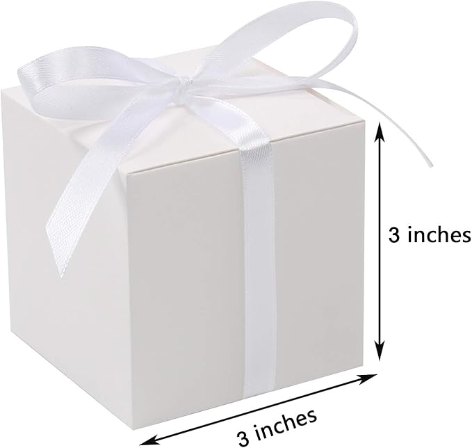 COTOPHER 60pcs Wedding Favor Boxes, Paper Gift Boxes 3x3x3 Inches Small Gift Boxes with Ribbons Small Boxes for Gifts, Crafting, Cupcake, Candy, Bridesmaid Proposal Boxes，Easy Assemble Boxes (White)
