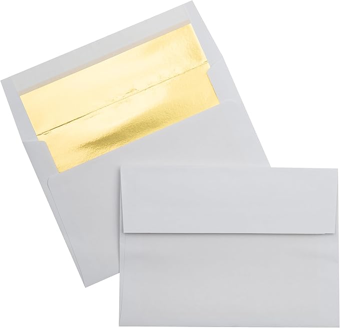 LUXPaper A7 Foil Lined Invitation Envelopes | Peel & Press | 5 1/4" x 7 1/4" | White w/Gold LUX Lining | 60lb. Text | 250 Qty