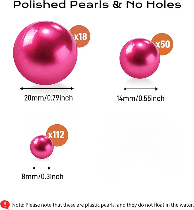 180PCS Hot Pink Beads for Centerpieces Vases, No Hole Polished Pearl Makeup Beads Mixed 8/14/20mm Sizes, Pearl Vase Fillers Table Scatters for Party Wedding Decor