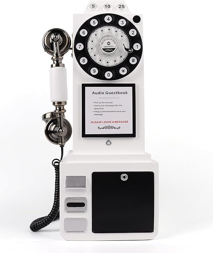 Audio Guest Book Wedding Phone with Vintage Design, Record Customized Audio Message Guest Book for Wedding, Party and Gathering, White