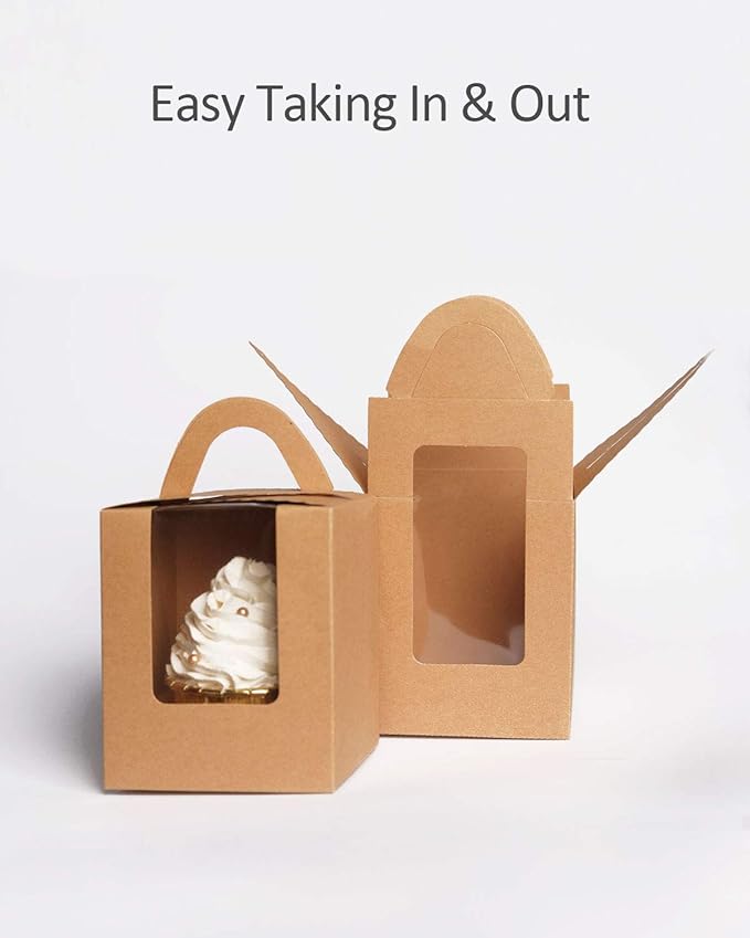 qiqee Kraft Cupcake Boxes 60 Packs Individual Cupcake Holders Disposable Brown Single Cupcake Boxes with Window 3.6 * 3.6 * 4.3inch Cupcake Containers