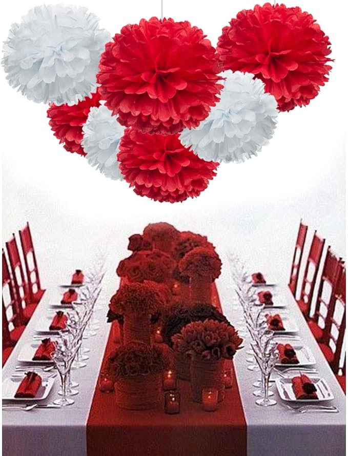 Red Paper Flower Tissue Pom Poms Party Supplies (red,white,12pc)