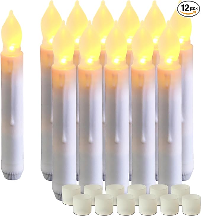Amagic 12 Pcs Flameless LED Taper Candles, No Remote, Magical Hanging Floating Candles, Battery Operated Candlesticks, Electric Fake Candles Flickering 6.5" for Halloween Party Church Christmas Decor