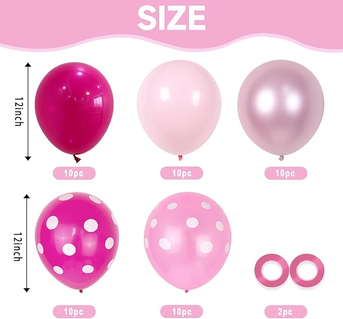 Pink Balloons, 52 PCS Metallic Pink Balloon with Hot Pink and White Dots Confetti Birthday Balloons for Girls Princess, Baby Shower Women Bride Wedding Party Decorations