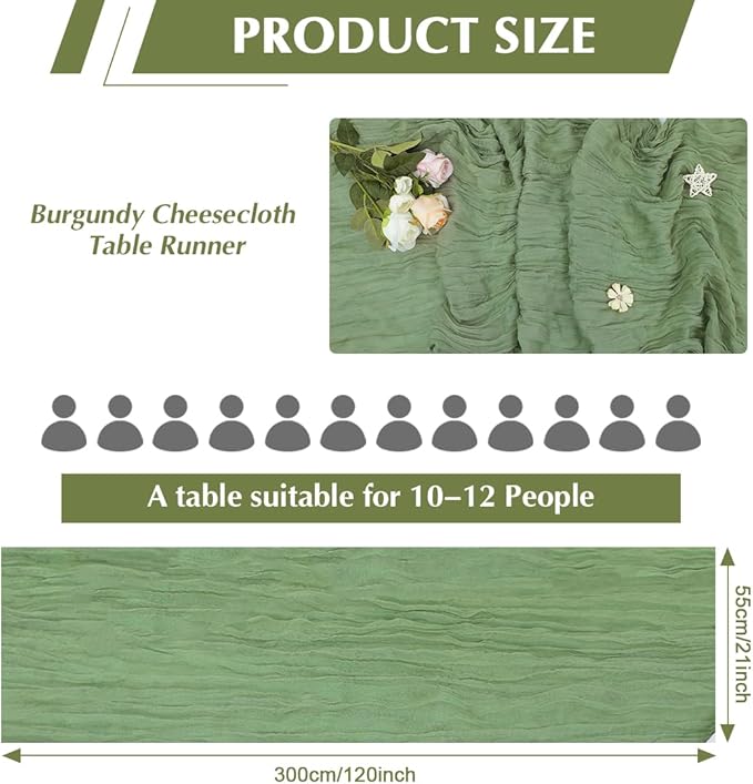 Olive Green Cheesecloth Table Runner -21*120Inch Long Boho Wedding Table Decor, Rustic Gauze Fabric Runner for Bridal Showers, Baby Showers & Parties (Sheer, Lightweight, Wrinkled Design)