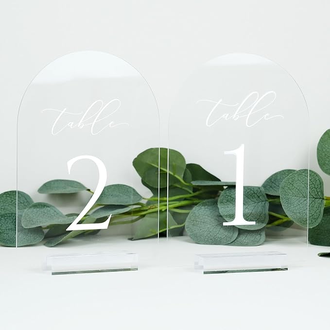 JINMURY Clear Arch Table Numbers for Wedding, 5x7 Inch Arched Acrylic Table Numbers 1-20 with Stands, Clear Acrylic Arch Sign with Holder for Centerpiece, Reception, Wedding, Party, Event