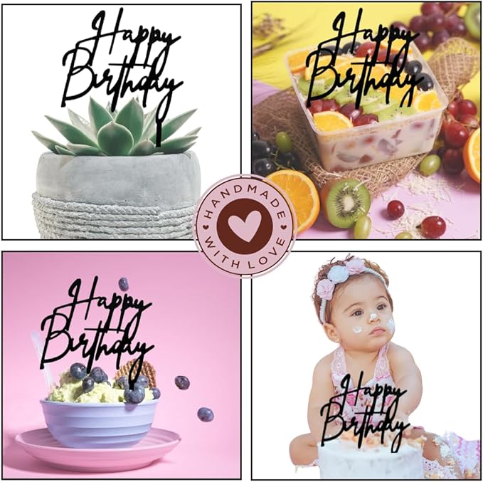 uraSigns Premium Acrylic Happy Birthday Cake Topper Gold, Mirror Finish, 6x6 Inches, 2.5mm Thick, Handmade Decorative Party Celebration Topper with Protective Film Perfect Keepsake (Acrylic, Black)