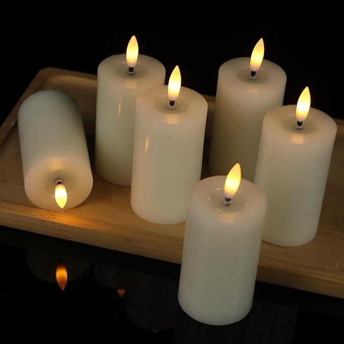 Flameless Candles with Remote Timer, 6 PCS Real Wax LED Votive Battery Operated Candles with 3D Flame, Flickering Pillar Candles for Christmas Home Decororations(Ivory, 4.5” x 1.9”)