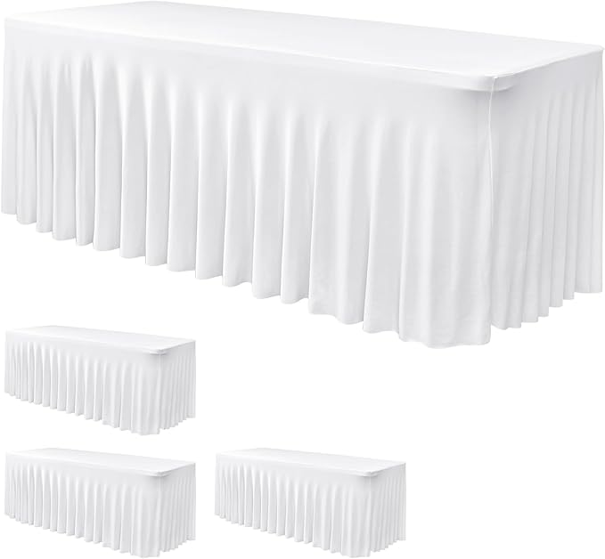 Nasitos White Table Skirt for 6 Foot Rectangle Tables, 4 Pack - 72 x 30 Inch - Stretch Spandex Fitted Table Clothes, Fabric Table Covers Cocktail Tablecloths for Party, Banquet, Birthday