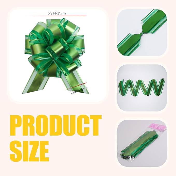 12 PCS 6 Inch Large Pull Organza Green Bows - Perfect for Gift Wrapping, Wedding Decor, Car Bows, Birthday Parties, Christmas and Valentine's Day