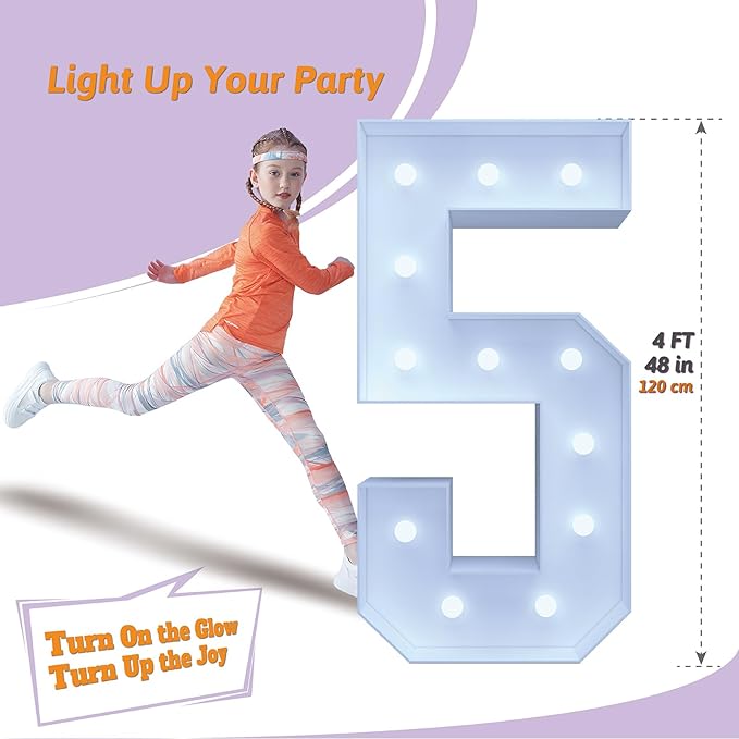 4FT Marquee Light Up Numbers 5 – Cool White LED, Easy to Assemble Foam Board with Back Support, Large Marquee Light Up Numbers for Birthday, Wedding, Party, Anniversary, Baby Shower Decor