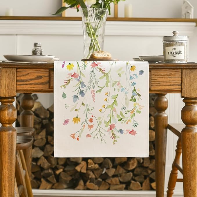 Artoid Mode Wildflowers Bloom Flowers Spring Table Runner, Seasonal Summer Floral Kitchen Dining Table Decoration for Home Party Decor 13x108 Inch