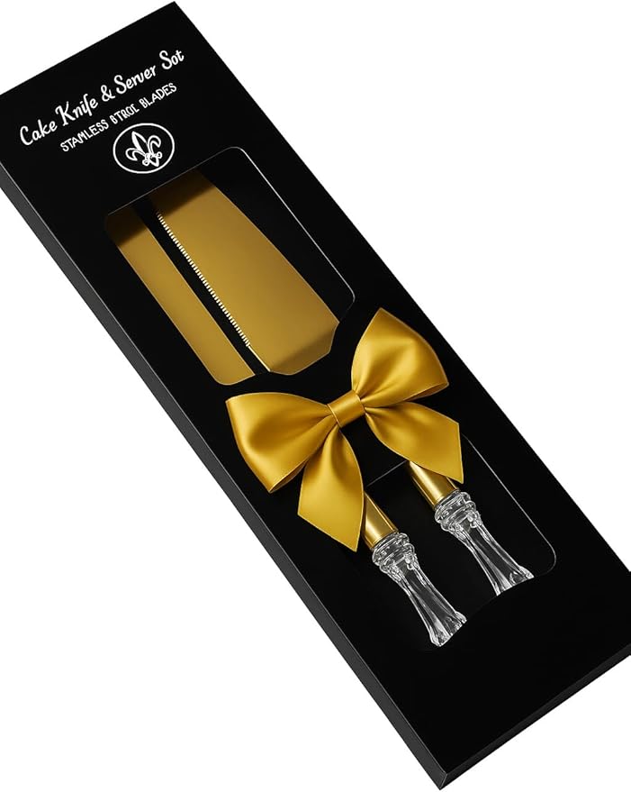 Elegant Cake Knife and Server Set - Stainless Steel with Crystal Handle - Perfect for Weddings & Anniversaries,and Special Celebrations (Gold)