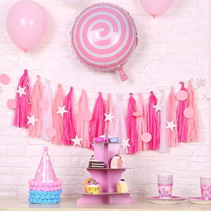 Pink Party Decorations,Hot Pink Light Pink and Pink Paper Tissue Tassel Garland Banner,15 Pcs