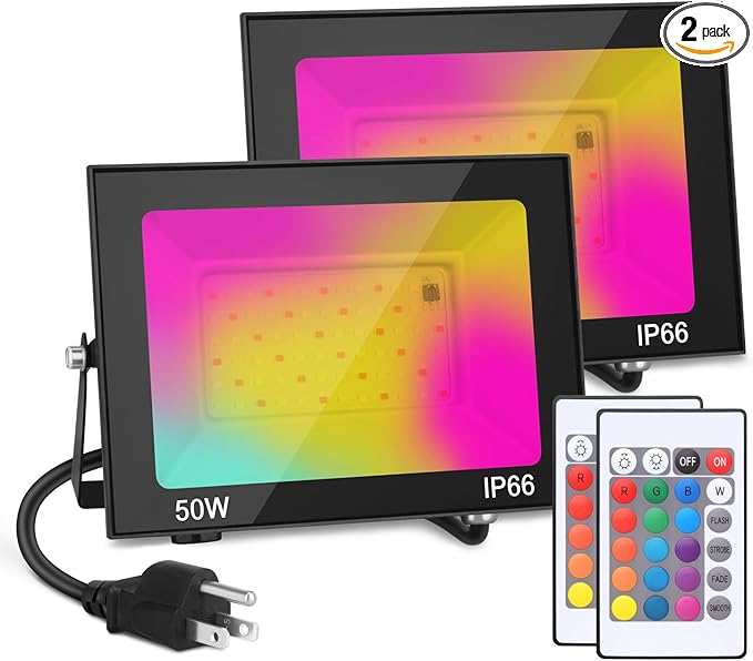 LED Flood Light Outdoor, 50W Color Changing RGB Flood Light, IP66 Waterproof Outdoor Landscape Lights Stage Lights, 5000LM Uplighting for Party, 2Pack