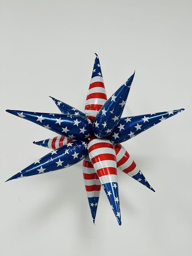 3pcs 26inch 3D July Fourth Explosion Star foil balloon, American Flag theme Foil Cone star burst Balloons for Birthday Wedding New Year Party Event