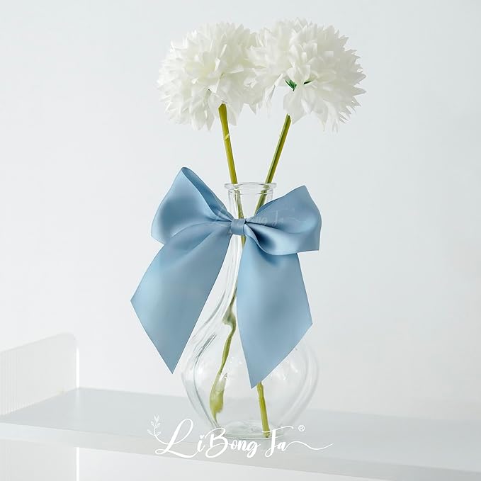 5'' Dusty Blue Bow Party Decorations Satin Bows, Twist Tie Bows for Treat Bags, Cake Pops, Pre-tied Bow Premade Ribbon Bows for Crafts, Holiday Bows for Gift Wrapping, Wedding Decor-24 Counts