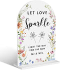 Acrylic Wedding Signs, Let Love Sparkle Signs for Marriage Reception, Bridal Shower Decorations, Modern Arched Round Top Acrylic Table Top Sign with Holder for Wedding Party (White Wildflowers)