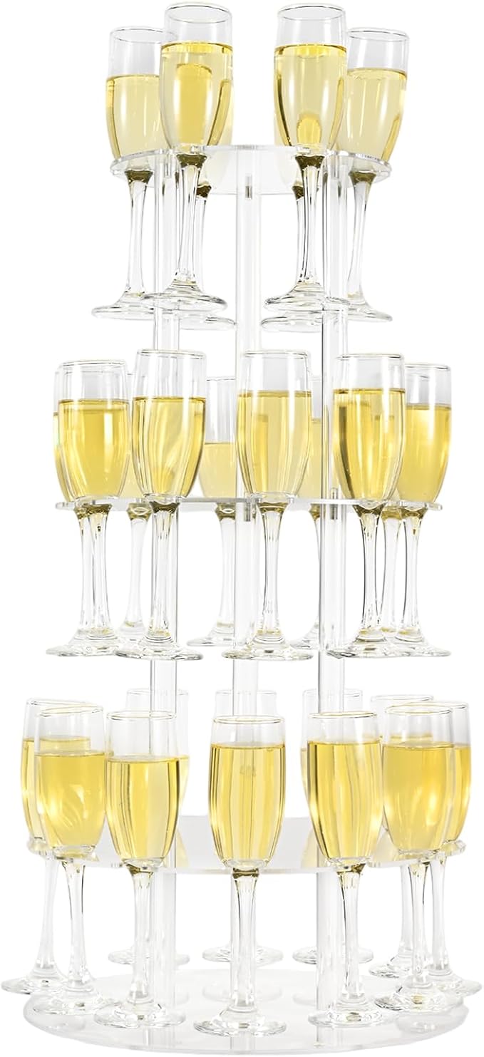 Champagne Tower, Circle Acrylic Champagne Display Rack Stand with 28 Slots, 3 Tier Floating Sight Champagne Flute Holder for Party, Wedding, School, Celebration, 13.4x13.4x25.5 inch