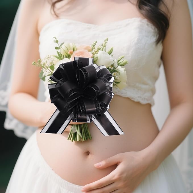 12 PCS 6 Inch Large Pull Organza Black Bows - Perfect for Gift Wrapping, Wedding Decor, Car Bows, Birthday Parties, Christmas and Valentine's Day