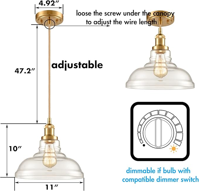 CLAXY Modern Gold Pendant Light Classic Glass Dome Kitchen Hanging Light Fixture-3 Pack