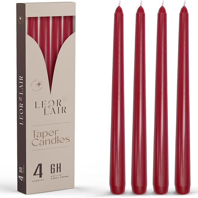 Leor & Lair Red Taper Candles for Christmas - 4 Pack 10" Dark Red Candlesticks - Unscented Long Burning Candle Sticks for Christmas Decoration, Thanksgiving, Dinner Table, Weddings