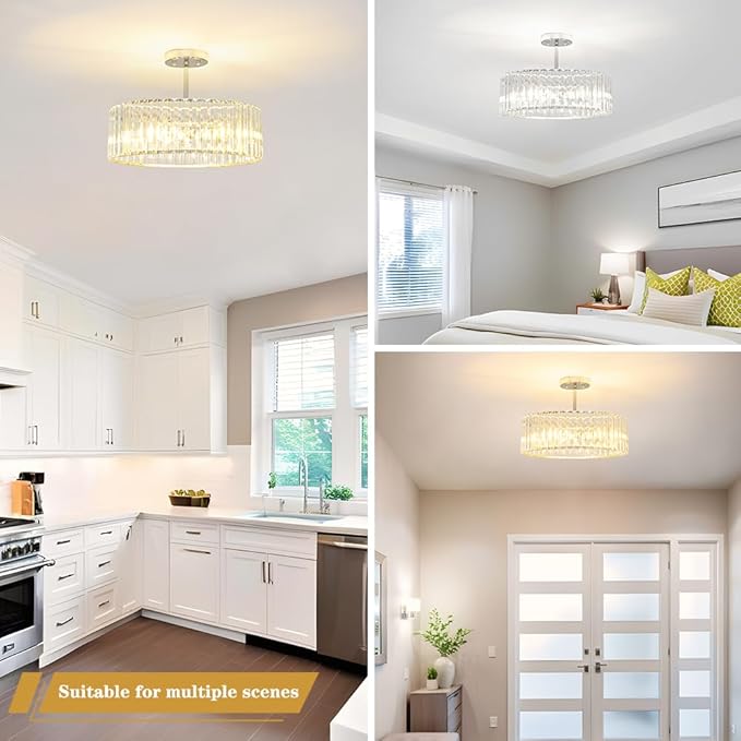 Modern Crystal Ceiling Light Fixture, Semi Flush Mount Ceiling Light, Chrome Hallway Lighting Fixtures Chandelier, Crystal Chandelier for Kitchen Bedroom Dining Room Closet, 5-Light, 16 Inch
