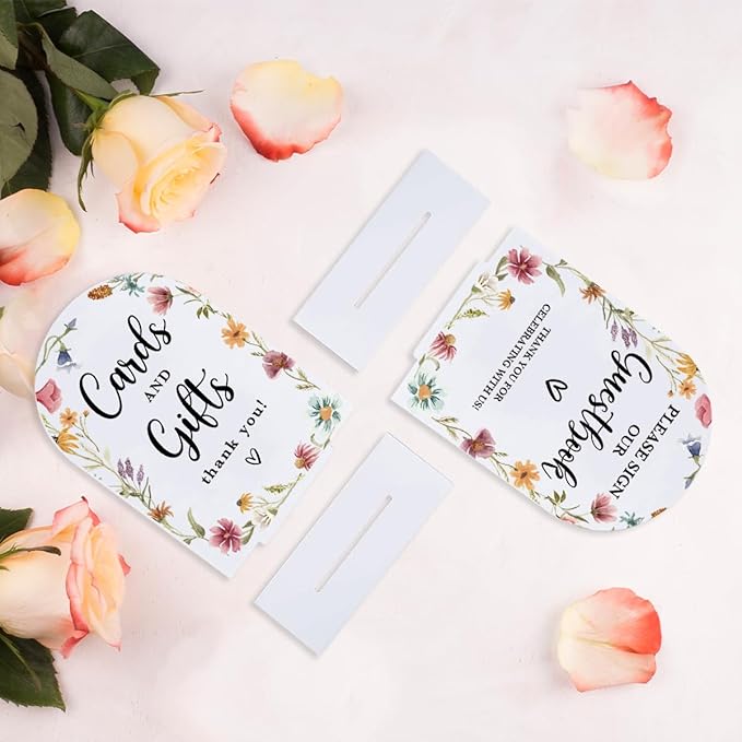 2 Pcs Acrylic Wedding Signs for Reception, Bridal Shower Decorations, Cards and Gifts Signs, Guest Book Sign, Arch Acrylic Table Top Sign with Holder for Wedding Reception (White Wildflowers)