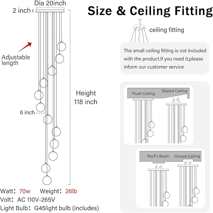 H118 Modern Glass Globe Chandelier Staircase Chandelier for Entryway 12-Lights Glass Globe Pendant Light Large Chandeliers for High Ceiling Foyer Stairwell