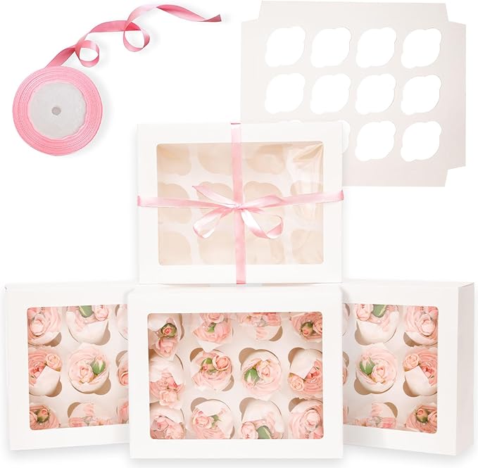 12 Cupcake Containers 20-Packs White Cupcake Box Cupcakes Carrier, 12 Cupcake Boxes with Window 13"x10"x3.5"（Auto-pop up）