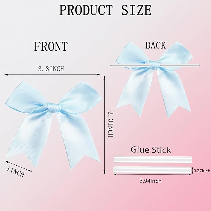 50 PCS Twist Tie Bows Satin Ribbon Bows 3.3 Inch Gift Wrap Bows Craft Bows for Gift Wrapping, Party Decorations Gifts Bag DIY Treat Bags Wedding Decor Baby Shower Christmas (Light Blue)
