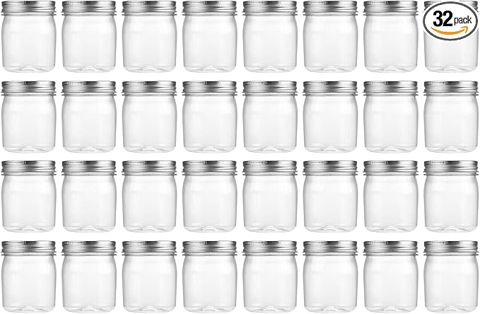 novelinks 8 oz Clear Plastic Jars with Screw-On Lids - BPA-Free Refillable Storage Containers for Slime, Spices, Crafts, Kitchen & Home Organization (32 Pack,Silver)