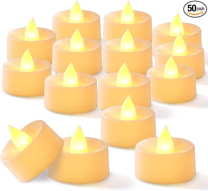 BEICHI Flameless LED Tea Lights - 50 Pack Battery Operated Flickering Fake Candles for Wedding, Halloween, Christmas, Diwali - Warm Yellow