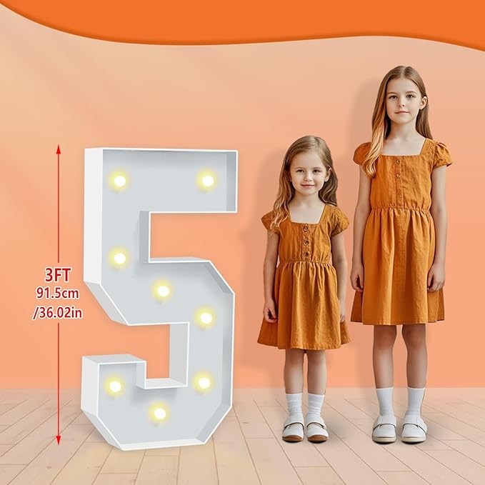 Marquee Light Up Numbers 5, Foam Board Mosaic Balloon Numbers with Light Bulbs, 3FT Marquee Sign for 5th 15th 50th Birthday/Wedding Decorations/Engagement Party Decor/Festival Party