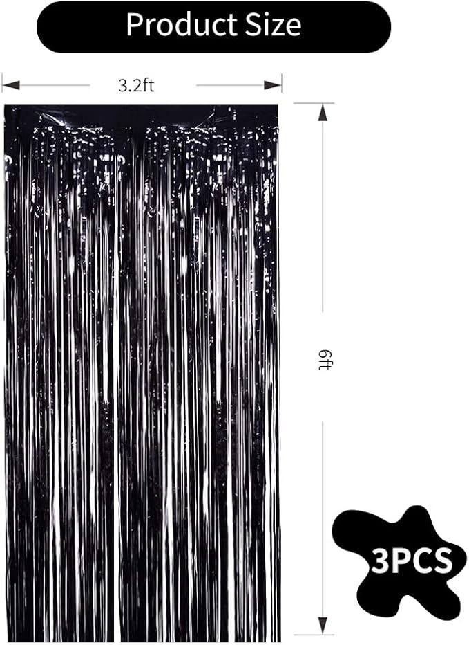 TONIFUL 3Pcs Black Door Streamers,Photo Booth Backdrop,Metallic Streamers Black Foil Fringe Curtains for Birthday,Christmas,New Year,St. Patrick's Day Halloween Party Streamers Decor(9.9ft x 6.6ft)