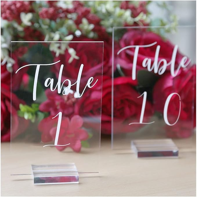 UNIQOOO Acrylic Wedding Table Numbers 1-10 with Stands | 4x6 inch Printed Calligraphy, Clear Table Number Signs and Holders | Perfect for Wedding Reception, Centerpiece Decoration, Event, Party