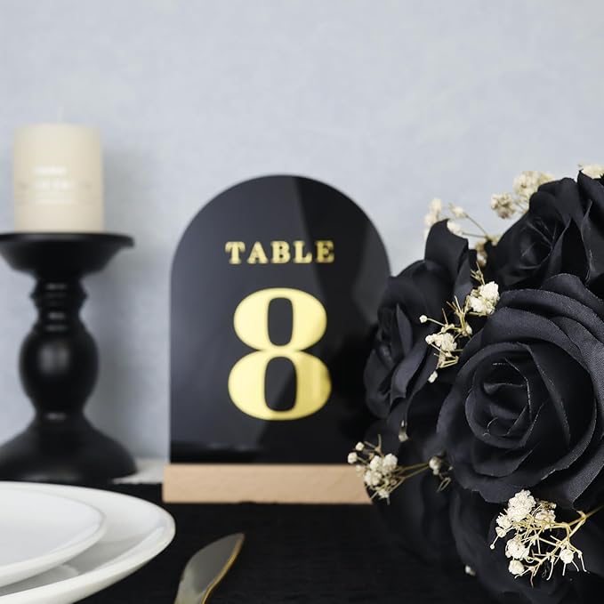 Wedding Table Numbers 1-10, Acrylic Arch Signs with Natural Wood Stands Holders, Rustic Table Decor for Reception & Parties (Black Gold)