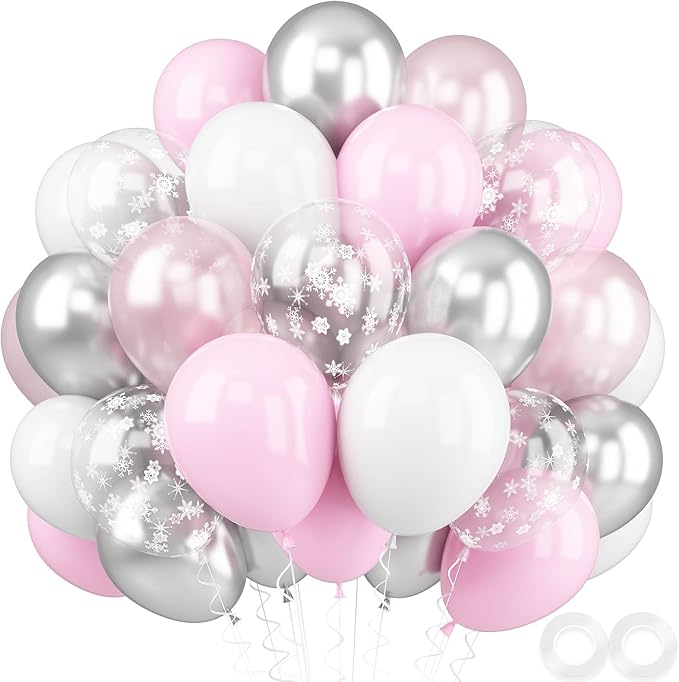 Pink and Silver Balloons, 52 PCS Snowflake Pink and White Balloons, 12 Inch Pink White Silver Pearl Pink Latex Balloons for Girl Baby Shower Birthday Bridal Wedding Party Decorations