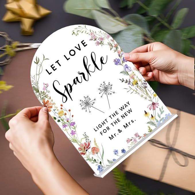 Acrylic Wedding Signs, Let Love Sparkle Signs for Marriage Reception, Bridal Shower Decorations, Modern Arched Round Top Acrylic Table Top Sign with Holder for Wedding Party (White Wildflowers)