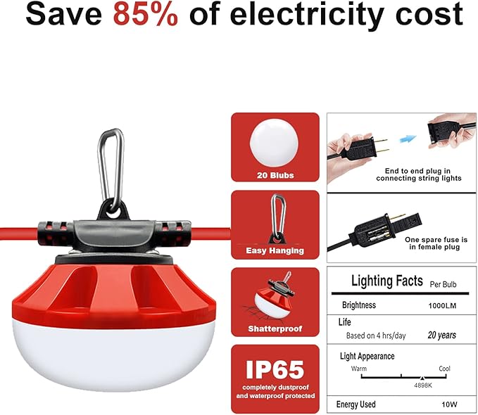 100FT LED Construction String Lights 10 Bulbs,10000LM,Industrial Grade,Weatherproof, Linkable 5000K Super Bright for Job Sites, Mining, Patios & Outdoor Work,Free for Climbing Hook 2Prong