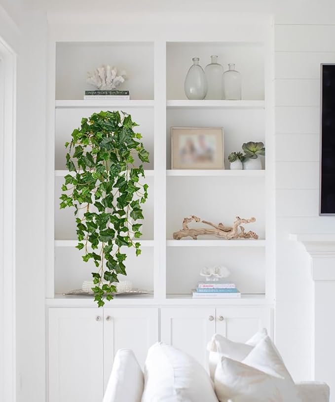 Hollyone Artificial Hanging Plants Potted 31.4" Fake Ivy Vine Faux Ivy Leaves Hanging Greenery Plant in White Pot for Home Indoor Wall House Room Patio Shelf Office Decor