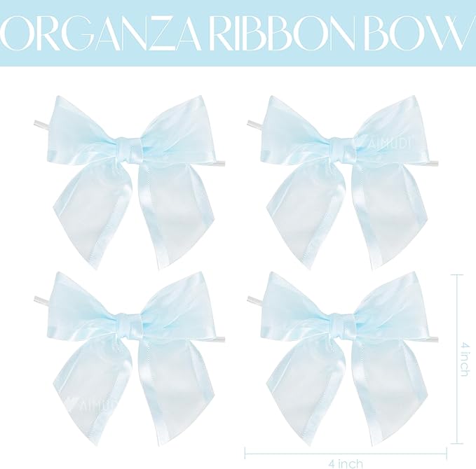 AIMUDI Baby Blue Bows 4" Organza Bows Premade Twist Ties Bows for Gift Wrapping Crafts Treat Bags Baskets Cake Pop Baby Shower Birthday Wedding Decor - 12 Counts