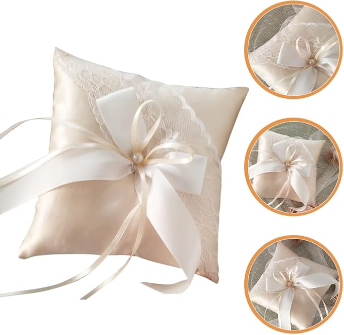 LUOZZY Wedding Ring Bearer Pillow Cushion with Pearls Decorations Wedding Ring Pillow Holder (Champagne 5.89 Inch)
