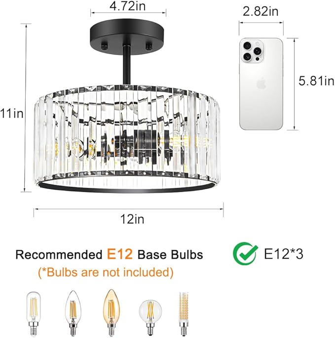 Modern Crystal Ceiling Light, Matte Black Semi Flush Mount Ceiling Lighting Fixture, Hallway Light Fixtures Chandelier for Kitchen, Bedroom Dining Room Hallway Closet, 3-Light, 12 Inch