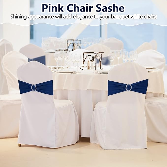 CHENGU 150 Pieces Spandex Stretch Chair Sashes Bows Elastic Chair Cover Bands Ties with Buckle Slider for Wedding Party Reception Events Universal Ceremony Banquet Decorations (Dark Blue)