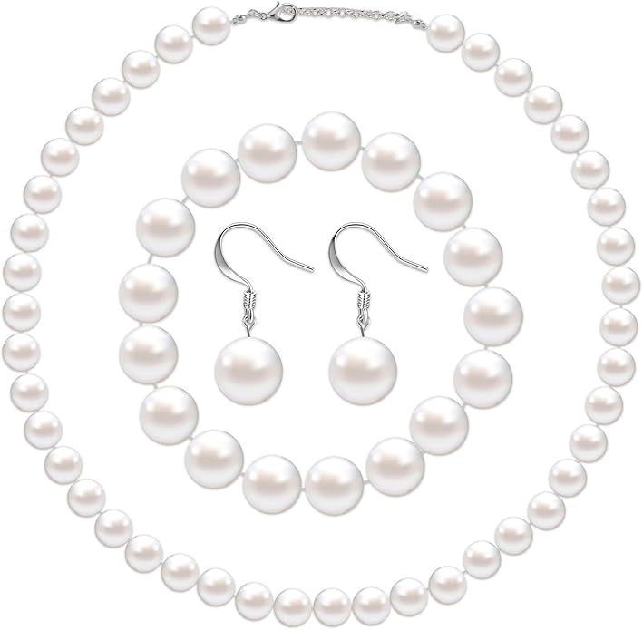 4 Pcs 1920s Faux Pearl Costume Jewelry Set for Women Halloween Simulated Necklace Bracelet Earrings for Wedding