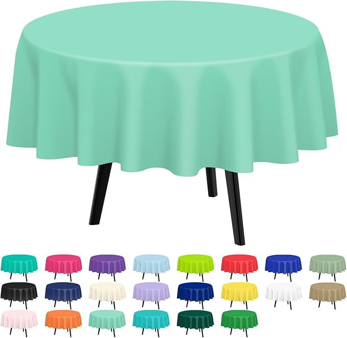 QIKSION Fresh Mint Round Tablecloth 3 Pack, 84 Inch Plastic Table Cover Disposable for Parties